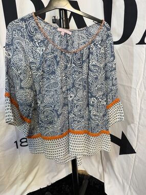 Calypso St Barth Women's Blouse Size S Blue White Paisley Embroidered Tunic Top